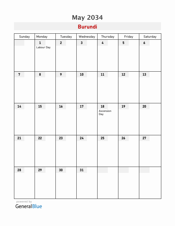 Burundi May 2034 Calendar with Holidays