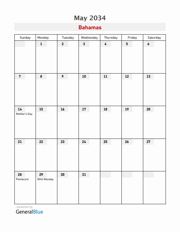 Bahamas May 2034 Calendar with Holidays