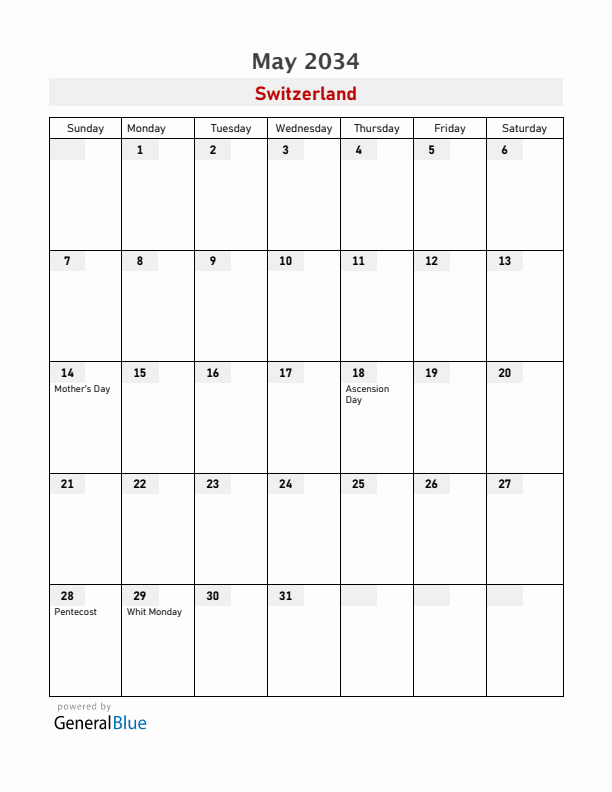 Switzerland May 2034 Calendar with Holidays