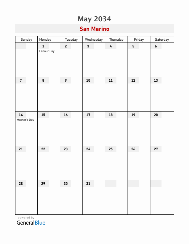 San Marino May 2034 Calendar with Holidays