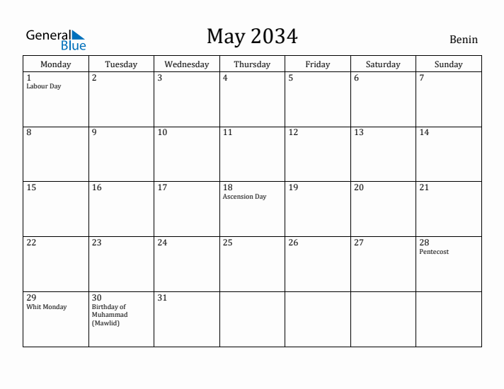 May 2034 Calendar Benin