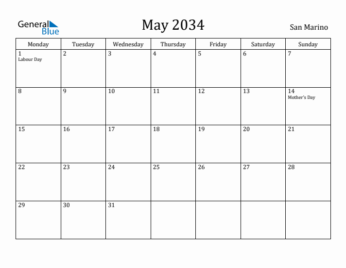 May 2034 Calendar San Marino