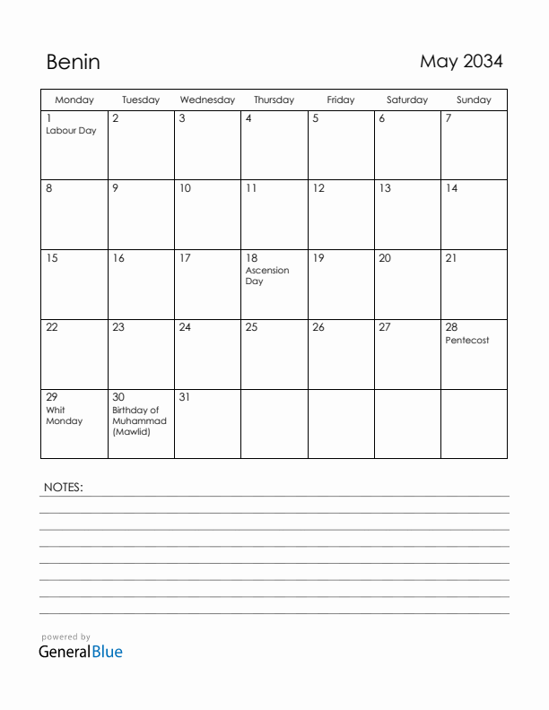 May 2034 Benin Calendar with Holidays (Monday Start)