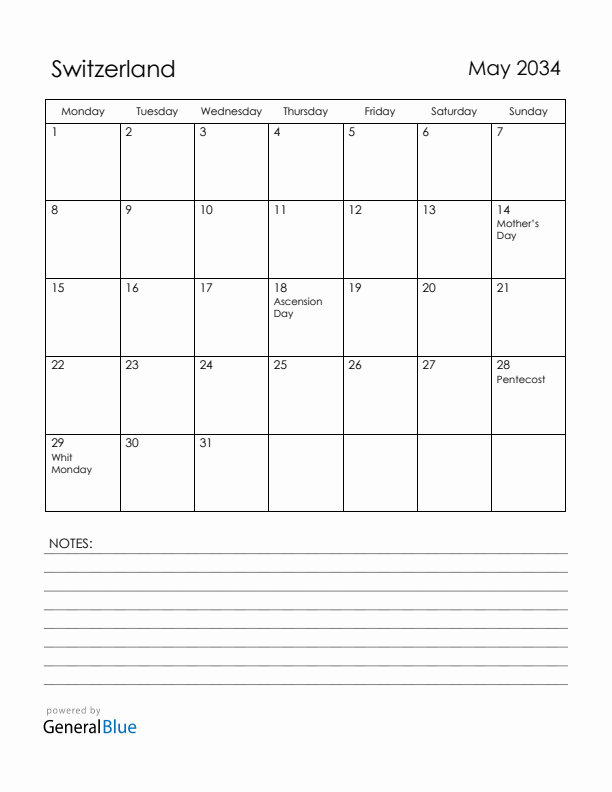 May 2034 Switzerland Calendar with Holidays (Monday Start)