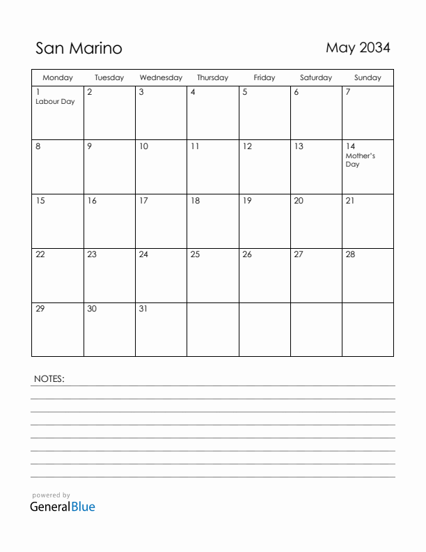 May 2034 San Marino Calendar with Holidays (Monday Start)