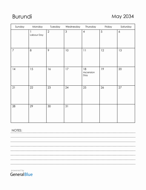 May 2034 Burundi Calendar with Holidays (Sunday Start)