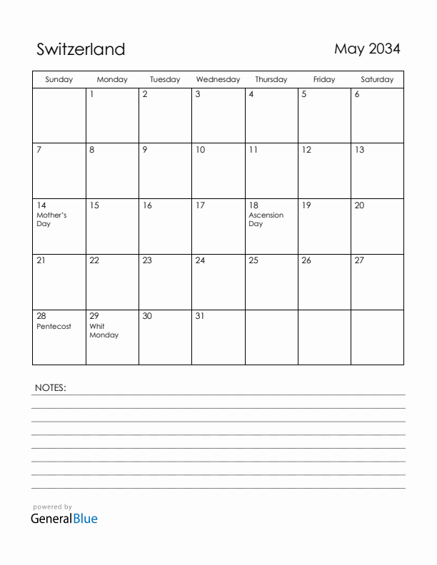 May 2034 Switzerland Calendar with Holidays (Sunday Start)