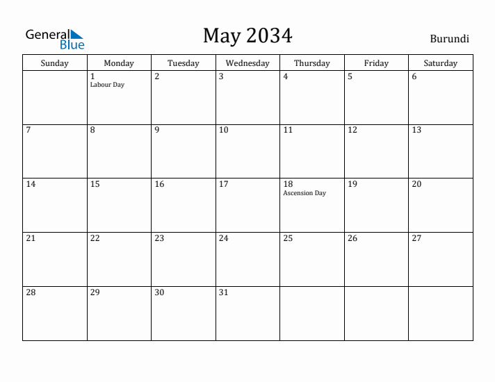 May 2034 Calendar Burundi