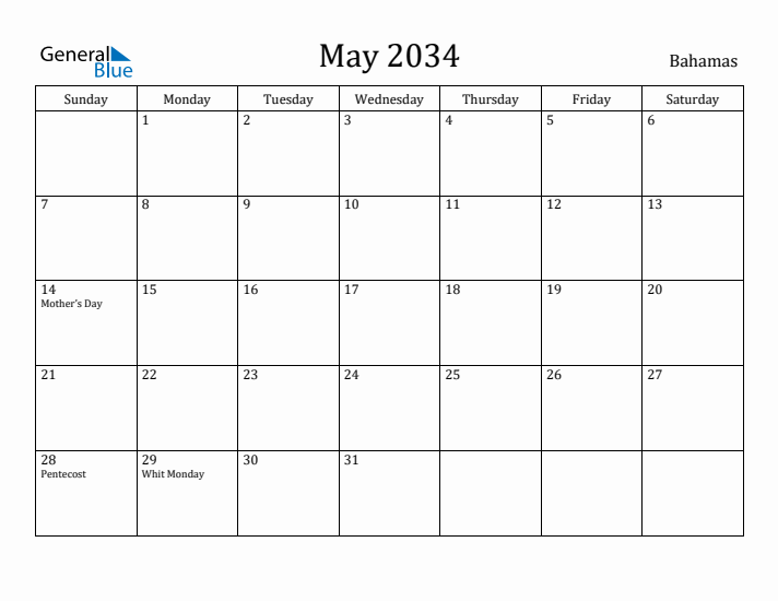 May 2034 Calendar Bahamas