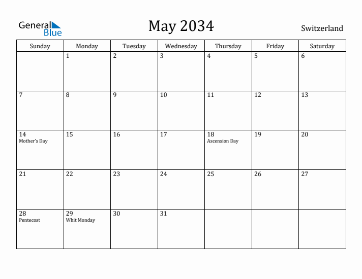 May 2034 Calendar Switzerland