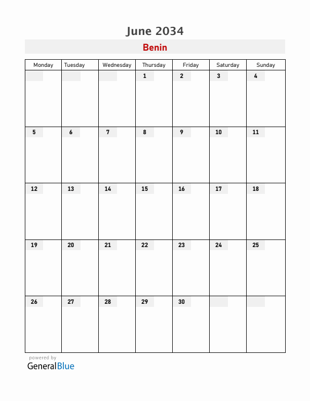 Benin June 2034 Calendar with Holidays