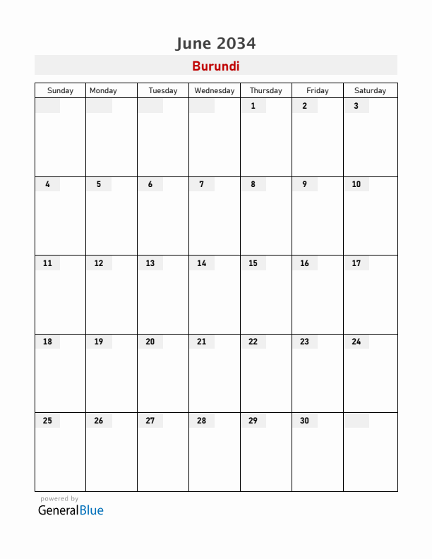 Burundi June 2034 Calendar with Holidays