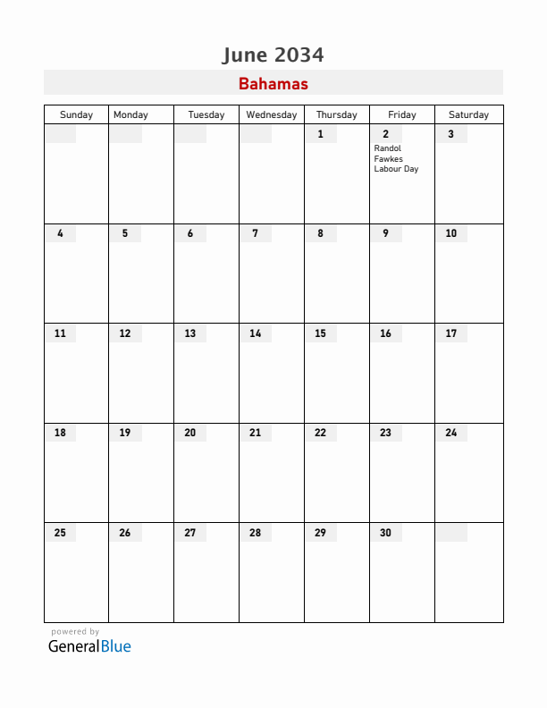 Bahamas June 2034 Calendar with Holidays