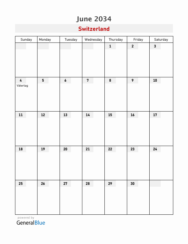 Switzerland June 2034 Calendar with Holidays