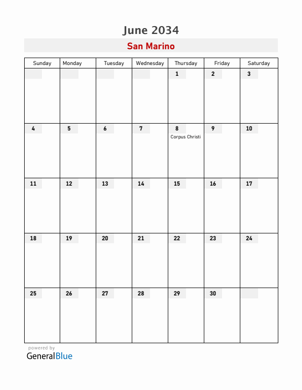 San Marino June 2034 Calendar with Holidays
