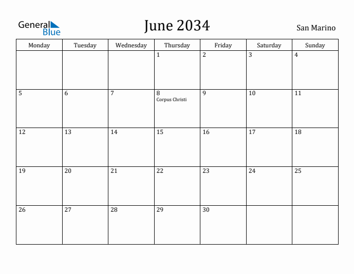 June 2034 Calendar San Marino