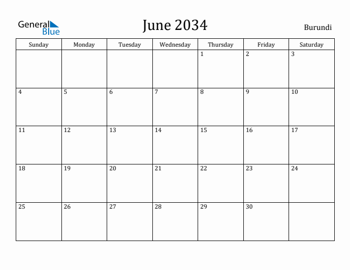 June 2034 Calendar Burundi