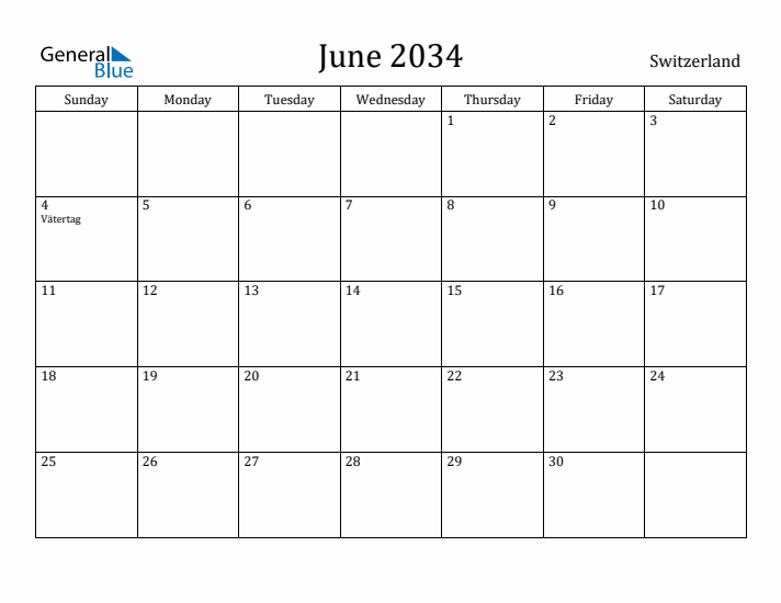 June 2034 Calendar Switzerland