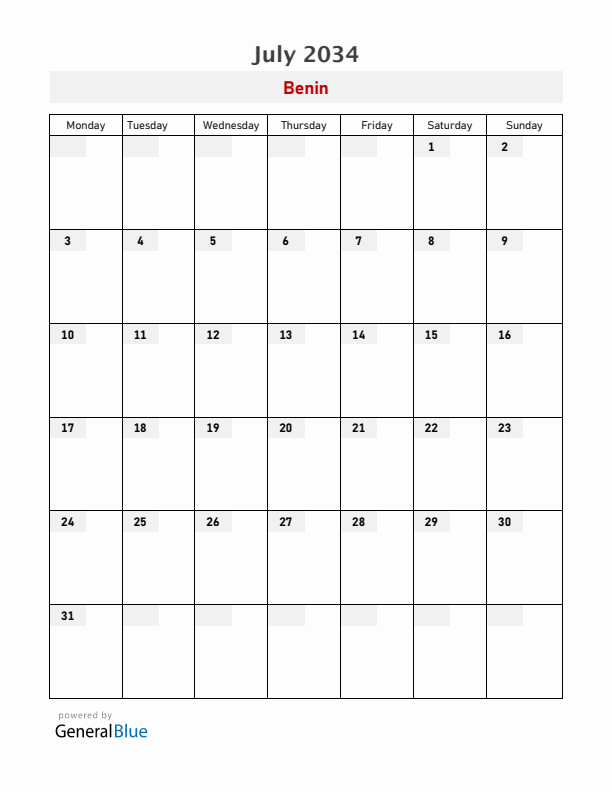 Benin July 2034 Calendar with Holidays