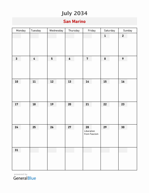 San Marino July 2034 Calendar with Holidays