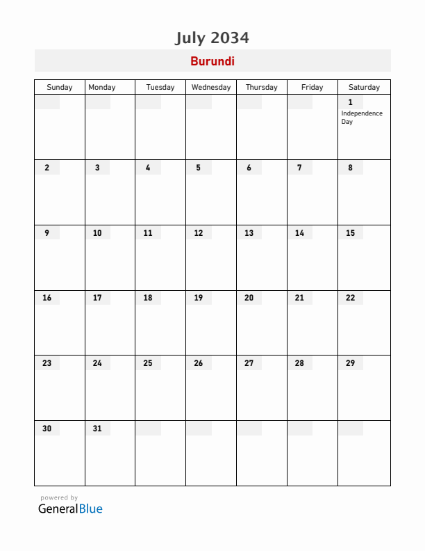 Burundi July 2034 Calendar with Holidays