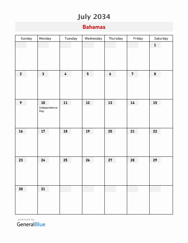 Bahamas July 2034 Calendar with Holidays