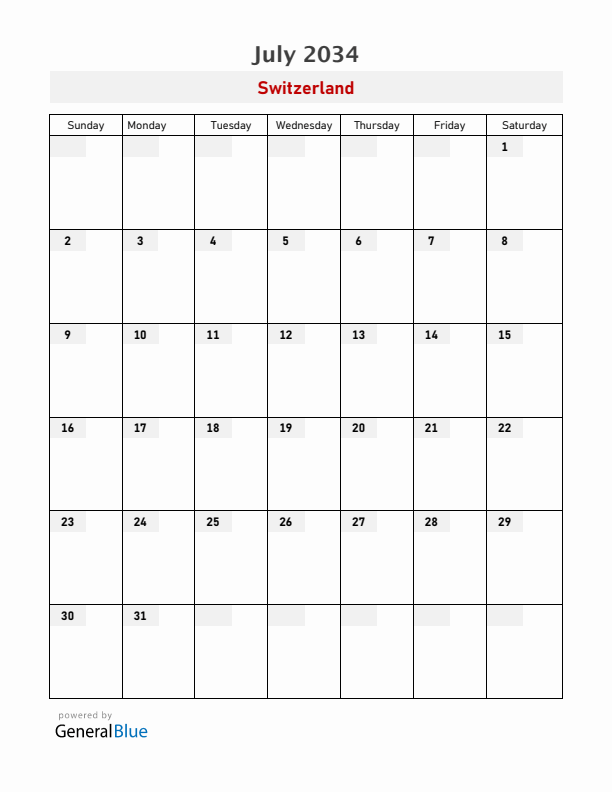 Switzerland July 2034 Calendar with Holidays