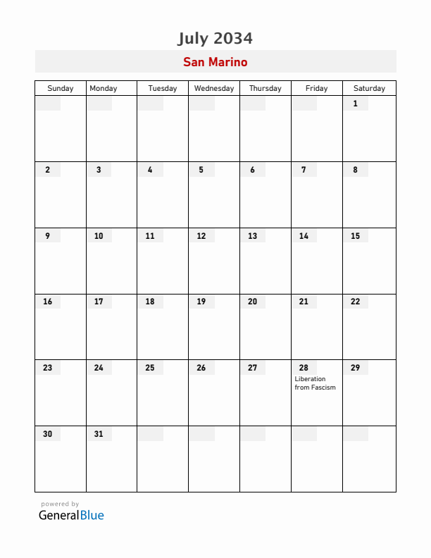 San Marino July 2034 Calendar with Holidays