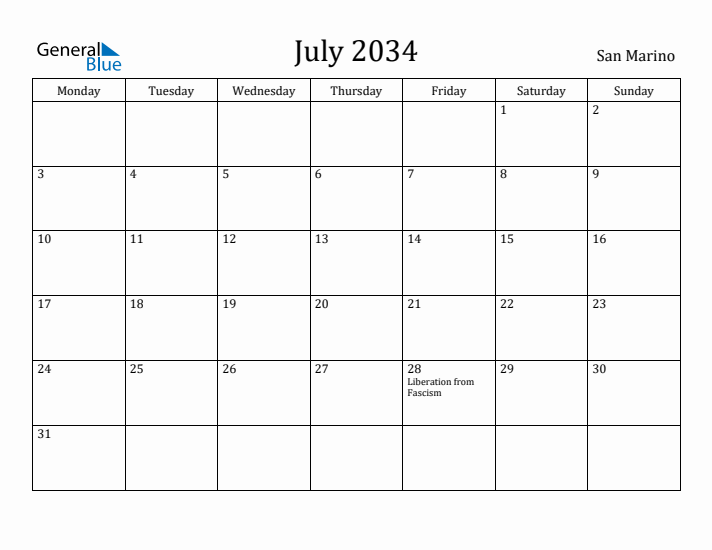 July 2034 Calendar San Marino