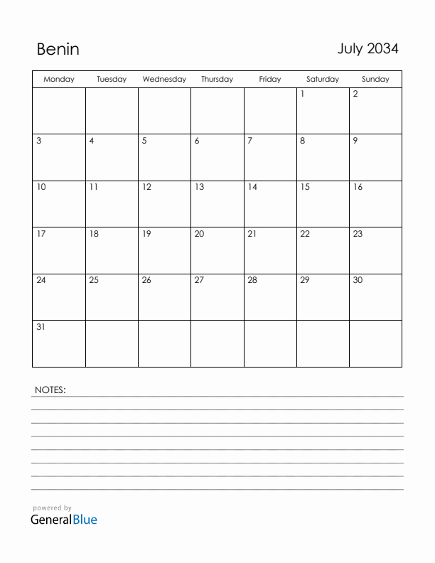July 2034 Benin Calendar with Holidays (Monday Start)
