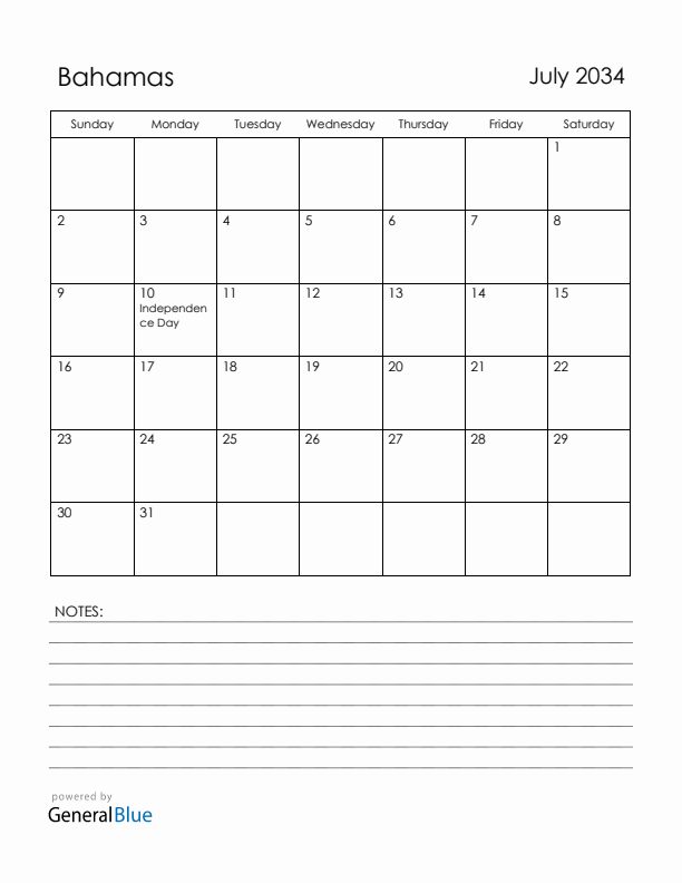 July 2034 Bahamas Calendar with Holidays (Sunday Start)