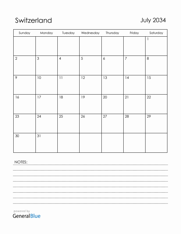 July 2034 Switzerland Calendar with Holidays (Sunday Start)