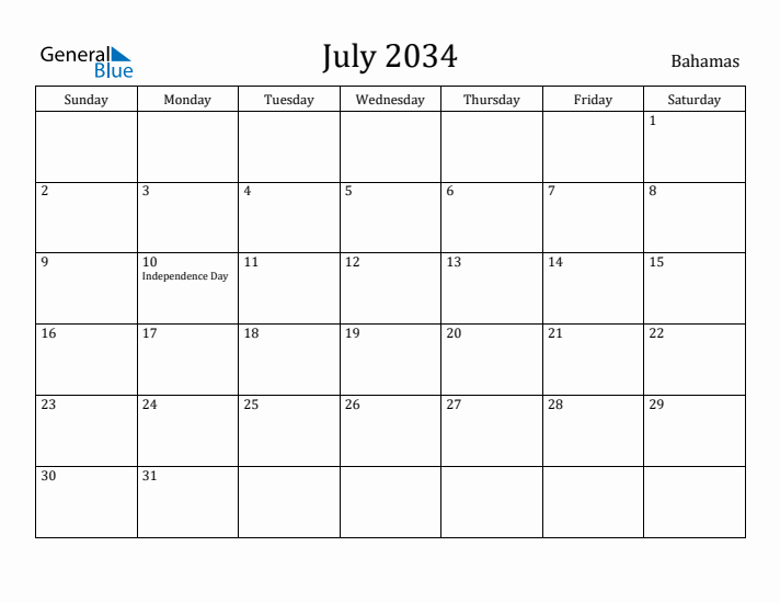 July 2034 Calendar Bahamas