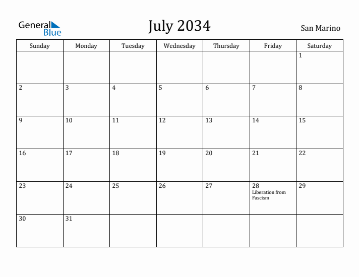July 2034 Calendar San Marino