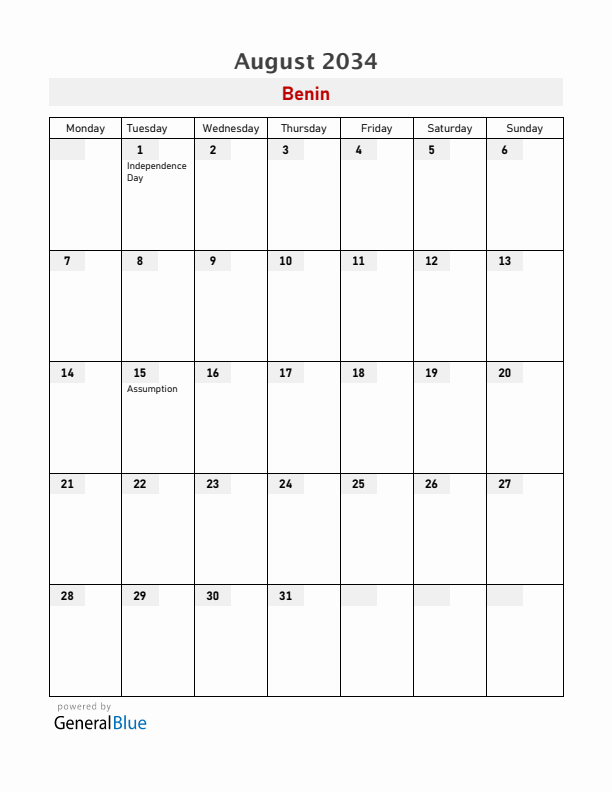 Benin August 2034 Calendar with Holidays