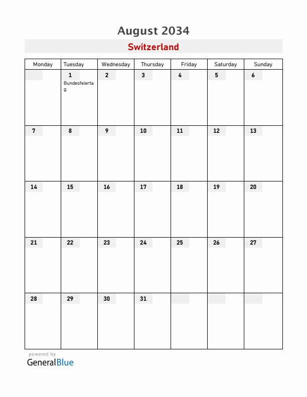 Switzerland August 2034 Calendar with Holidays