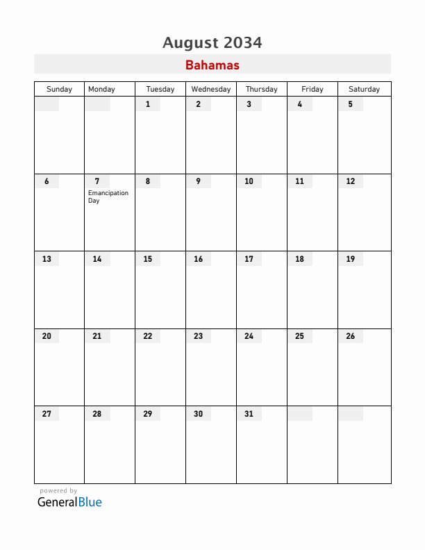Bahamas August 2034 Calendar with Holidays