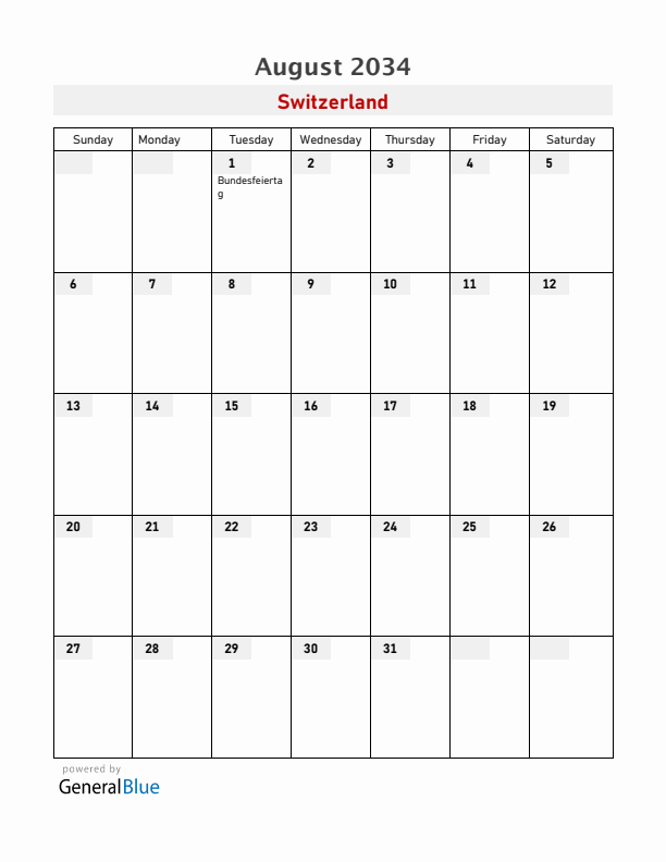 Switzerland August 2034 Calendar with Holidays