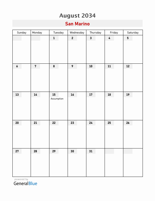 San Marino August 2034 Calendar with Holidays