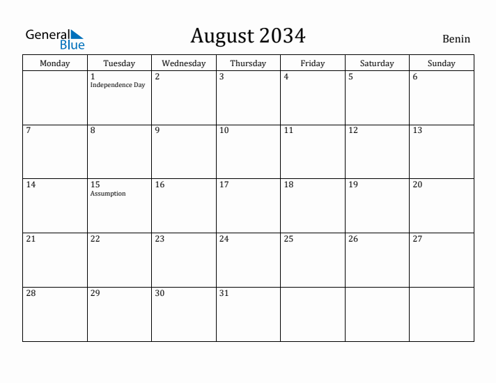 August 2034 Calendar Benin