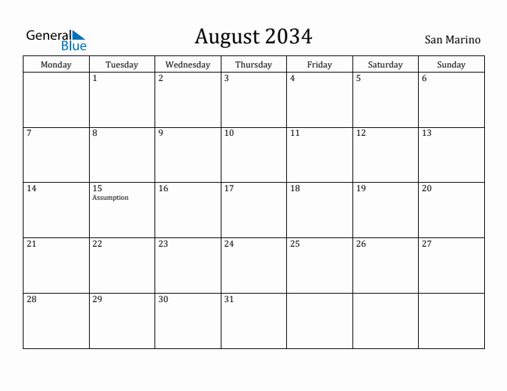 August 2034 Calendar San Marino