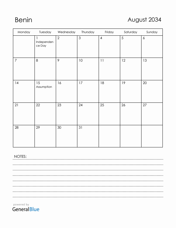 August 2034 Benin Calendar with Holidays (Monday Start)