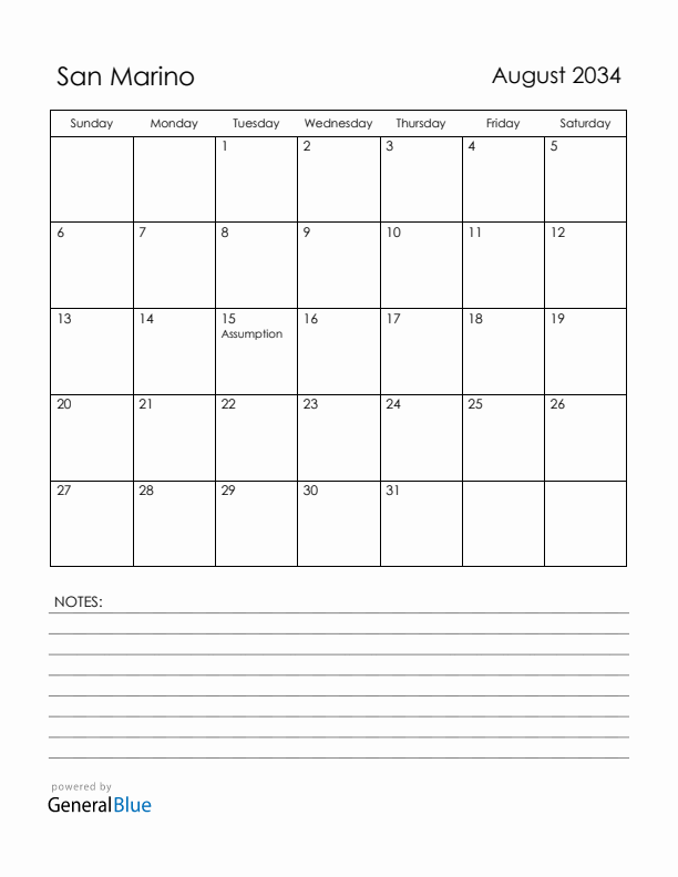 August 2034 San Marino Calendar with Holidays (Sunday Start)