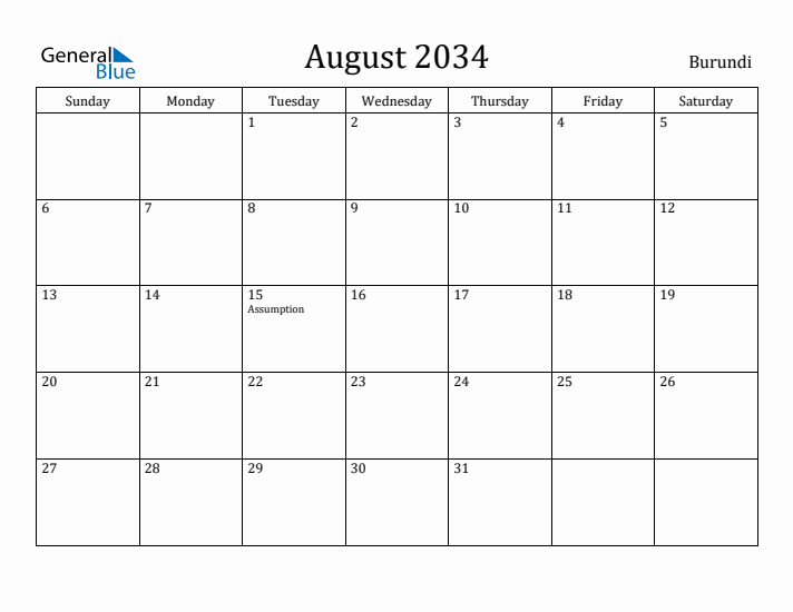 August 2034 Calendar Burundi