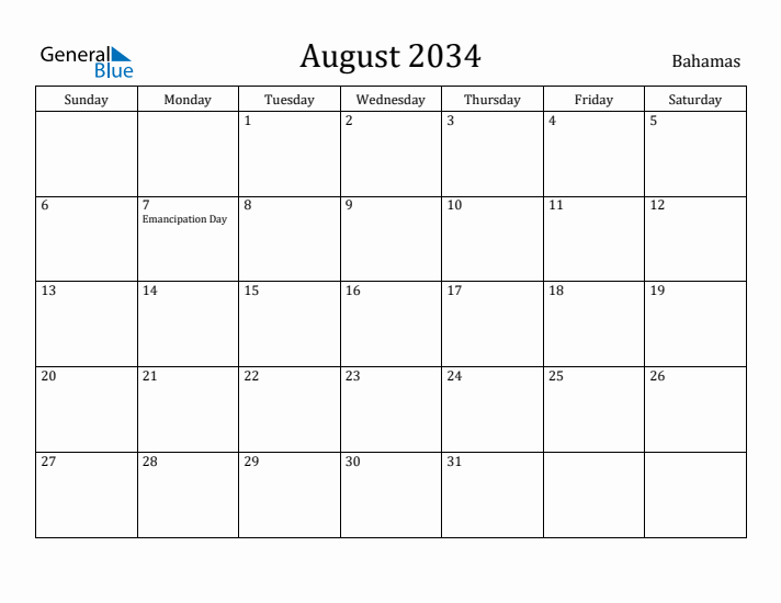 August 2034 Calendar Bahamas