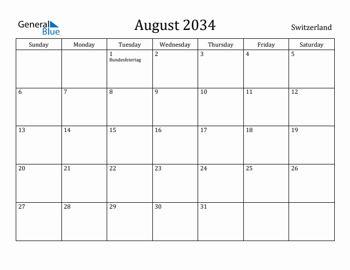 August 2034 Calendar Switzerland