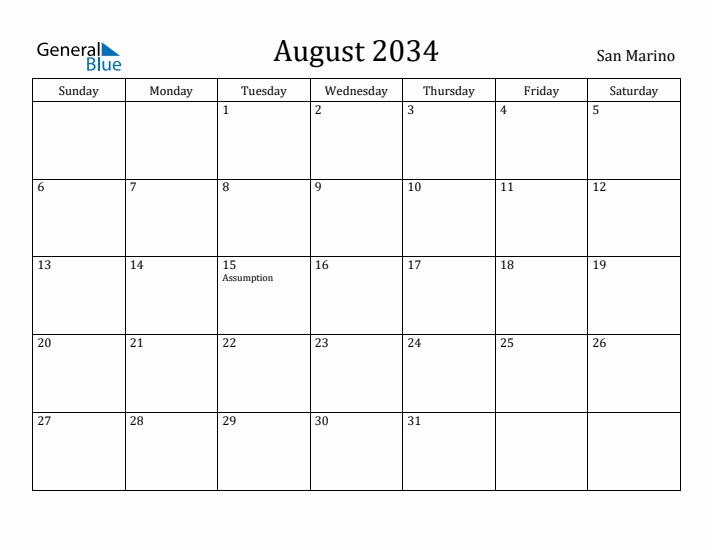 August 2034 Calendar San Marino