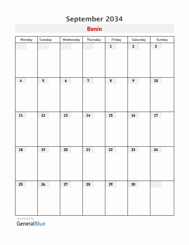 Benin September 2034 Calendar with Holidays