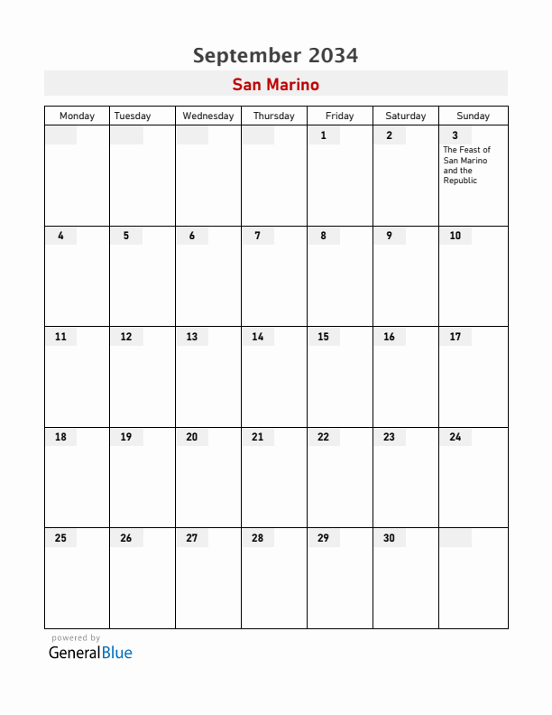 San Marino September 2034 Calendar with Holidays