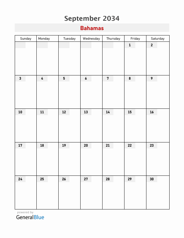 Bahamas September 2034 Calendar with Holidays